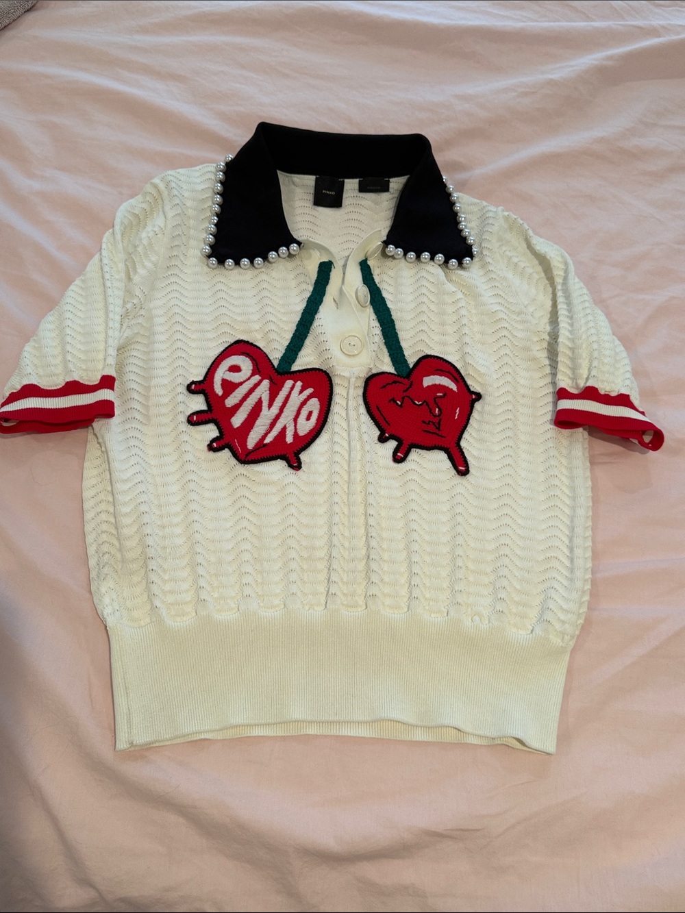 Pinko Rame knit Cherry Embroidery Pearl Sweater Polo - Picture 3 of 6